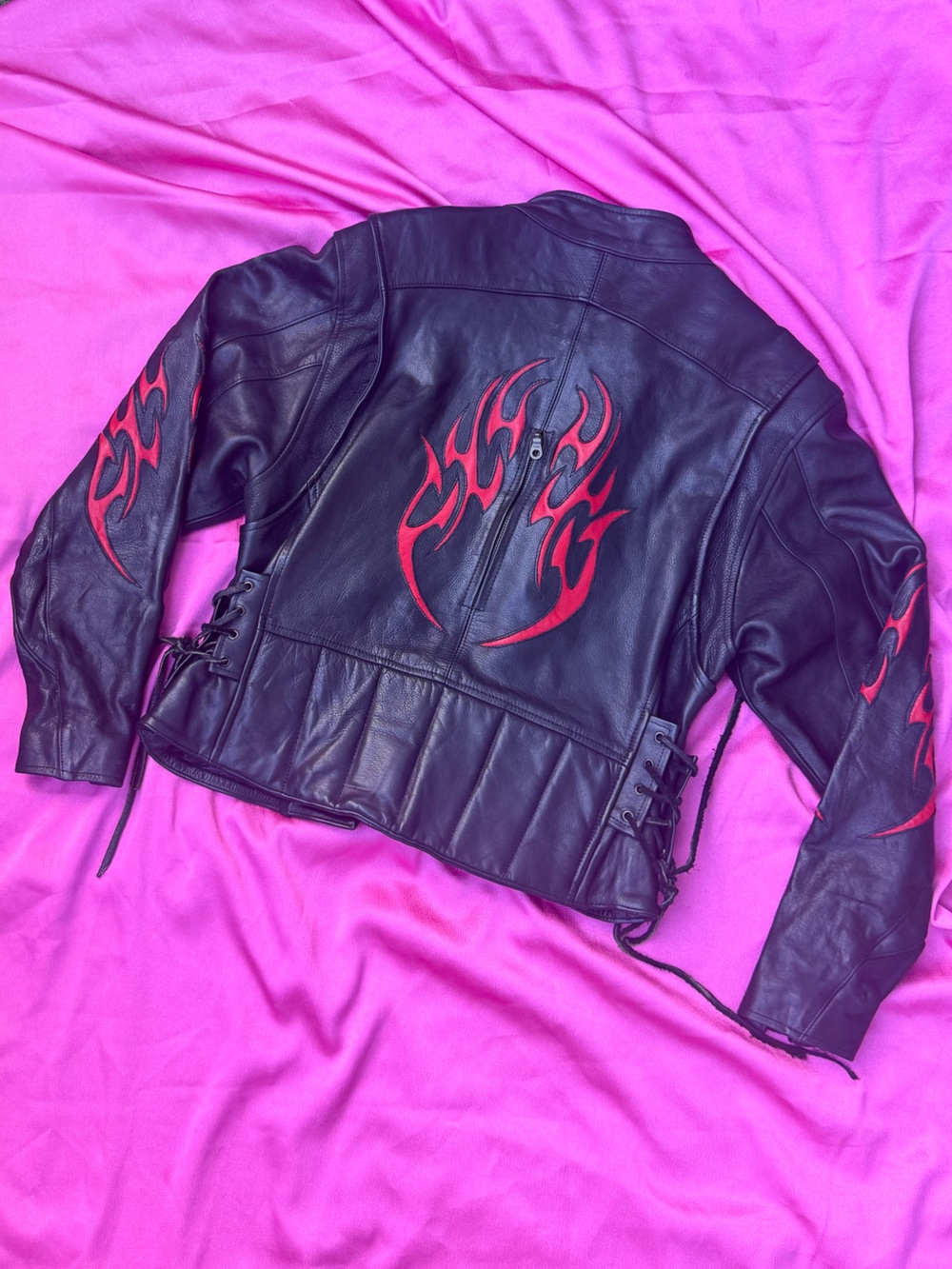 ❤️‍🔥Leather Motorcycle Jacket with Red Tribal Accents❤️‍🔥